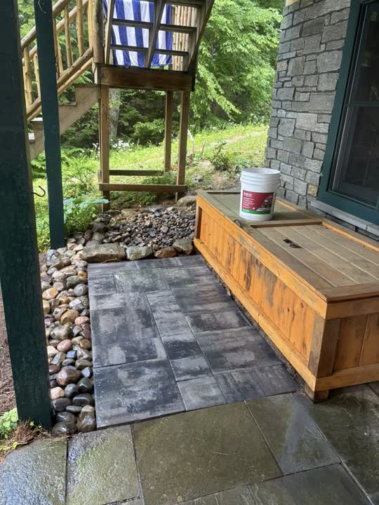 Paver walkway with river rock drainage landscaping in Greenfield NY